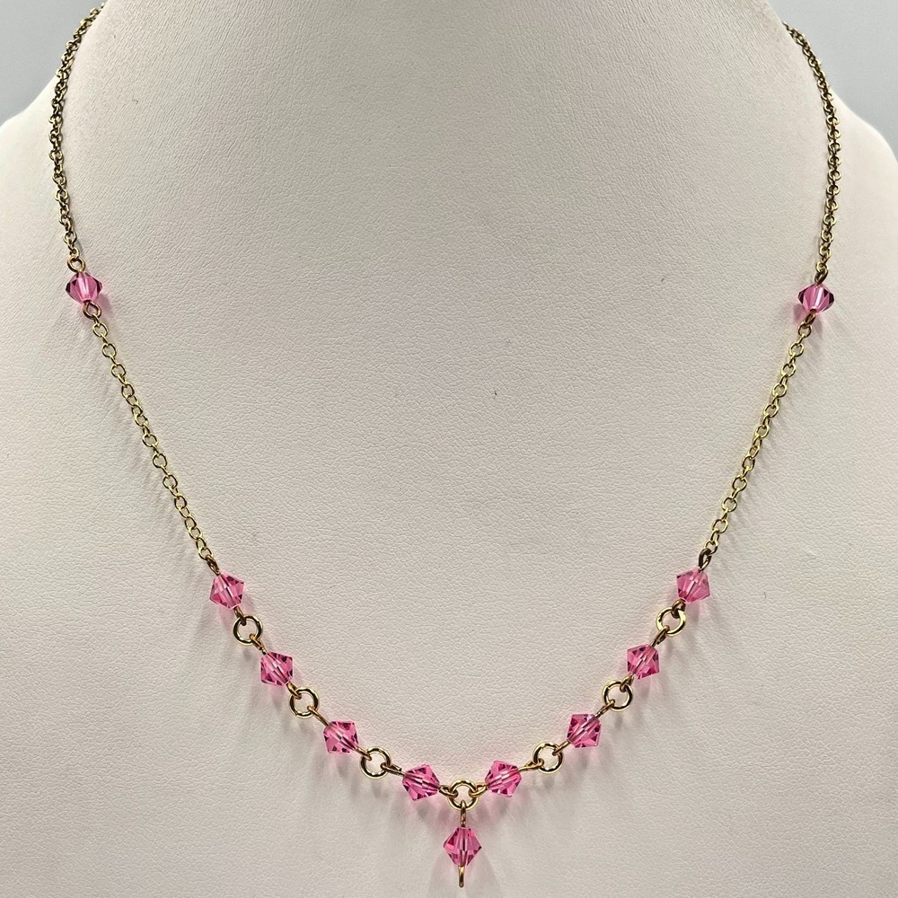 Vintage Y2K Pink Crystal Gold Tone Chain Choker Drop Necklace Dainty Spring Ring